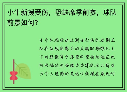 小牛新援受伤，恐缺席季前赛，球队前景如何？