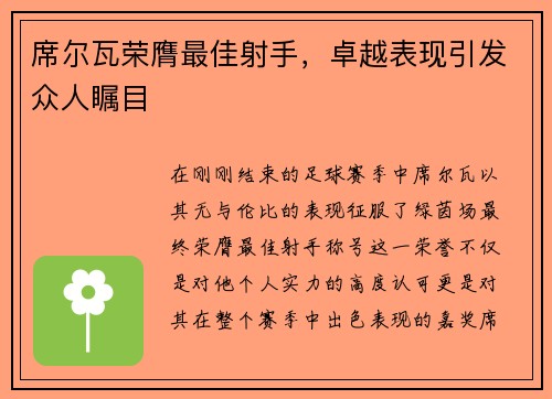 席尔瓦荣膺最佳射手，卓越表现引发众人瞩目