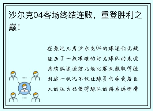 沙尔克04客场终结连败，重登胜利之巅！