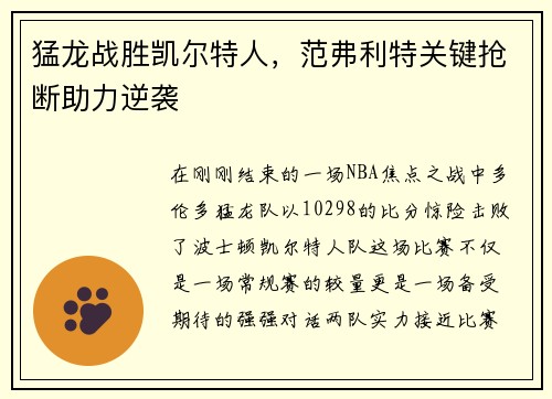 猛龙战胜凯尔特人，范弗利特关键抢断助力逆袭