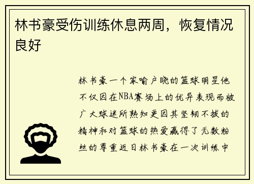 林书豪受伤训练休息两周，恢复情况良好