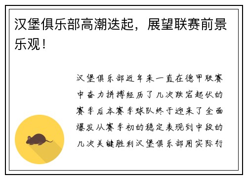 汉堡俱乐部高潮迭起，展望联赛前景乐观！