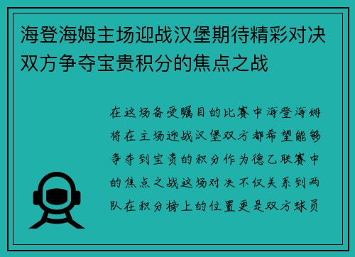 海登海姆主场迎战汉堡期待精彩对决双方争夺宝贵积分的焦点之战