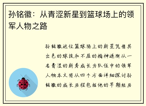 孙铭徽：从青涩新星到篮球场上的领军人物之路