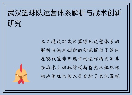 武汉篮球队运营体系解析与战术创新研究