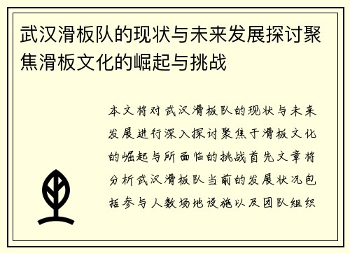 武汉滑板队的现状与未来发展探讨聚焦滑板文化的崛起与挑战