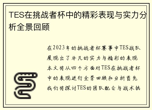 TES在挑战者杯中的精彩表现与实力分析全景回顾