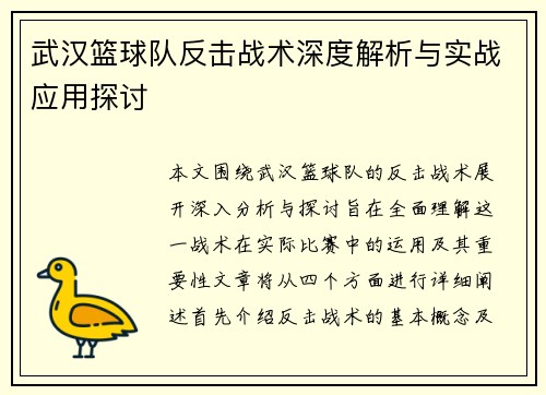 武汉篮球队反击战术深度解析与实战应用探讨