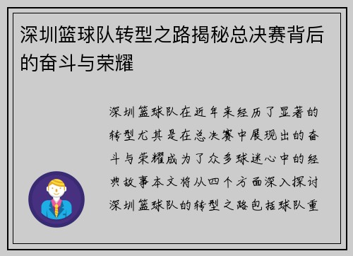 深圳篮球队转型之路揭秘总决赛背后的奋斗与荣耀