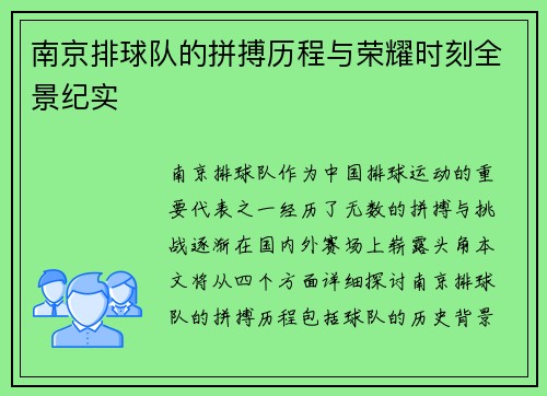南京排球队的拼搏历程与荣耀时刻全景纪实