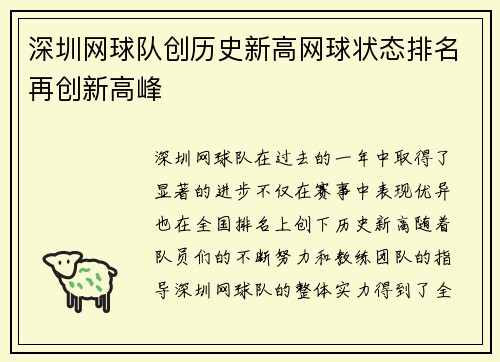 深圳网球队创历史新高网球状态排名再创新高峰