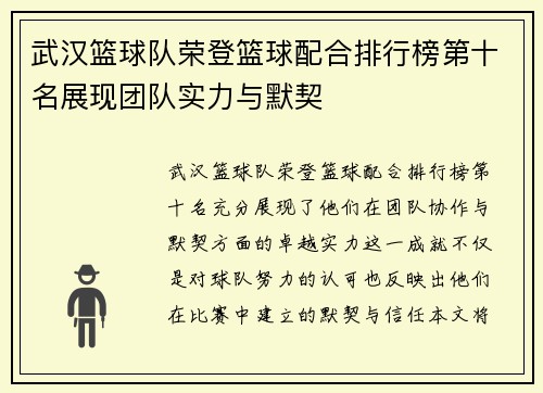 武汉篮球队荣登篮球配合排行榜第十名展现团队实力与默契